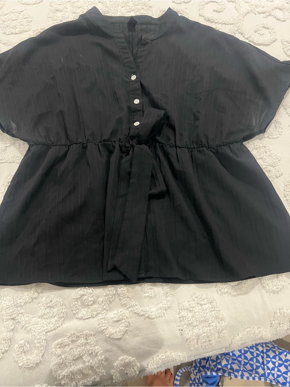 SHEIN Black Button-Front Tie-Waist Short Sleeve Tunic